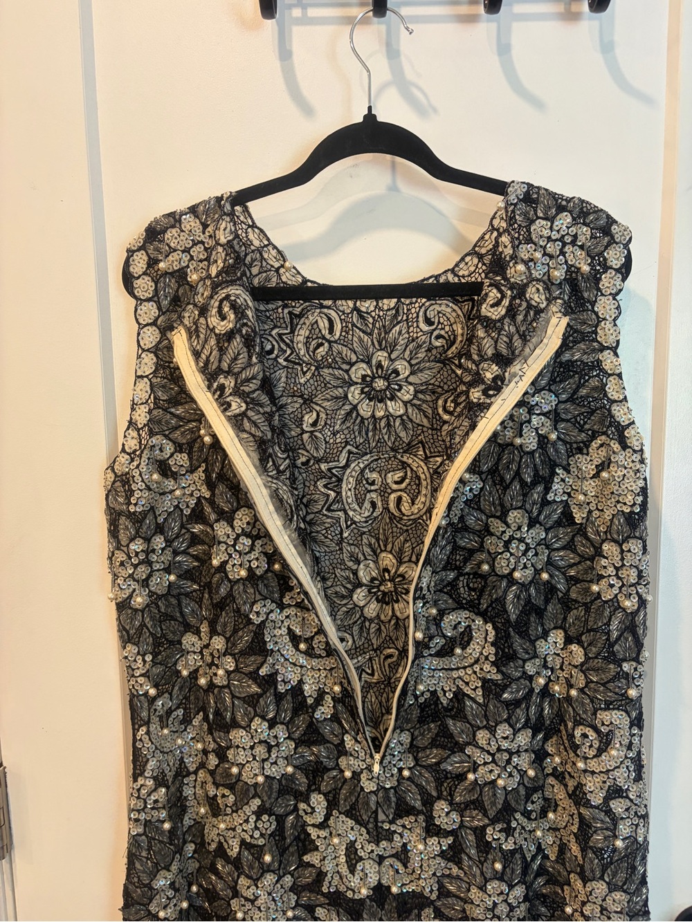 Vintage 60s Embellished Black Floral Beaded and pearls Shift Dress with slip - Picture 7 of 17